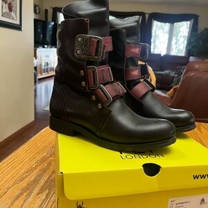 NWT Fly London Black Leather Boots with Maroon straps and Suede Interior size 39